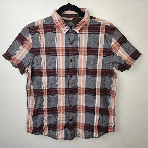 Prana Men's Orange Brown Plaid Lukas Shirt Short Sleeve Button Front Size Small - Picture 9 of 9